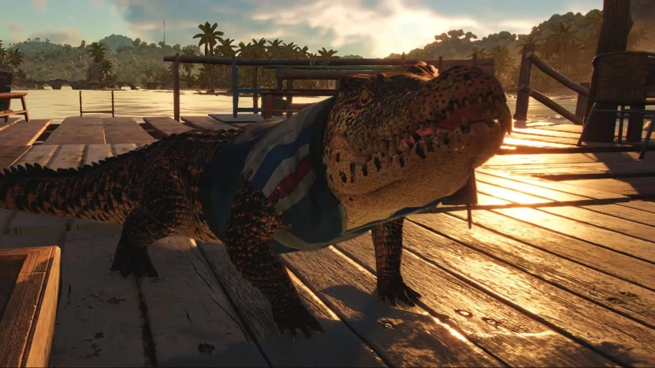 American alligator wearing a vest on a wooden dock at sunset — official GTA VI screenshot