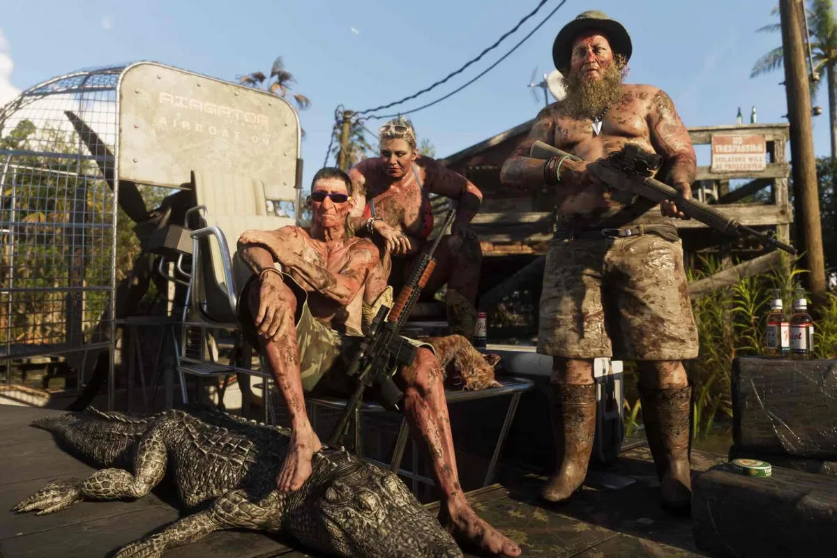 Grassrivers hunters beside an airboat with a harvested American alligator — official GTA VI screenshot