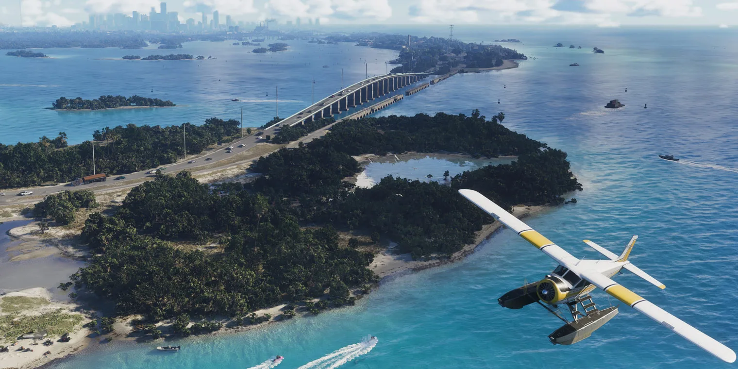 Seaplane flying over the Leonida Keys causeway, Vice City on the horizon — official GTA VI screenshot
