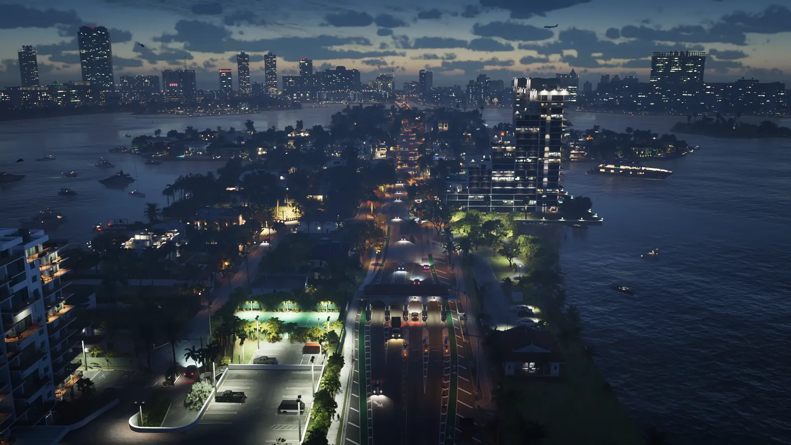 Vice City beachfront and causeway across Gambit Bay at dusk — official GTA VI screenshot from Trailer 1